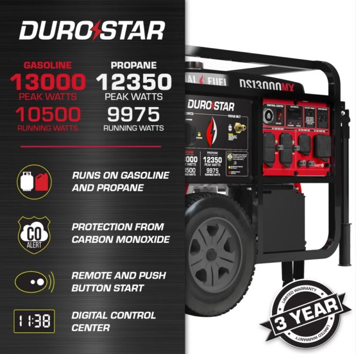 DuroStar DS13000MX 13,000W/10,500W 500cc Electric Start Dual Fuel Portable Generator w/ CO Alert - Image 2