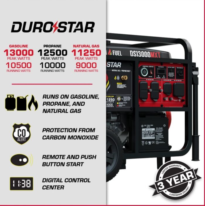 DuroStar DS13000MXT 13,000W/10,500W 500cc Electric Start Tri Fuel Portable Generator w/ CO Alert - Image 2