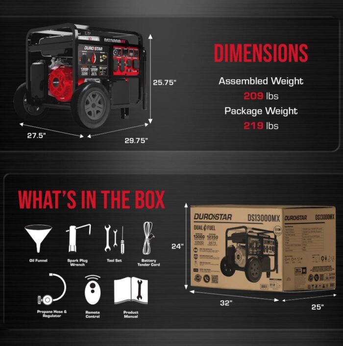 DuroStar DS13000MX 13,000W/10,500W 500cc Electric Start Dual Fuel Portable Generator w/ CO Alert - Image 8