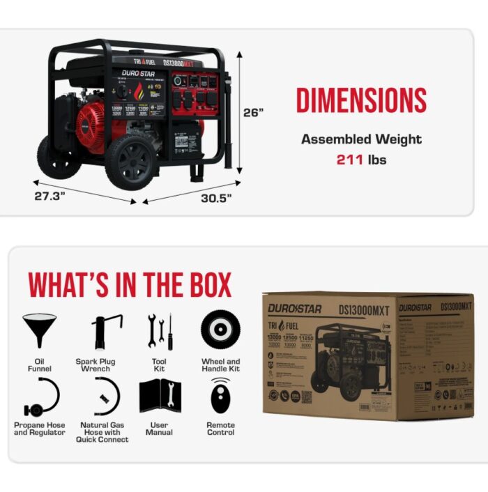 DuroStar DS13000MXT 13,000W/10,500W 500cc Electric Start Tri Fuel Portable Generator w/ CO Alert - Image 8